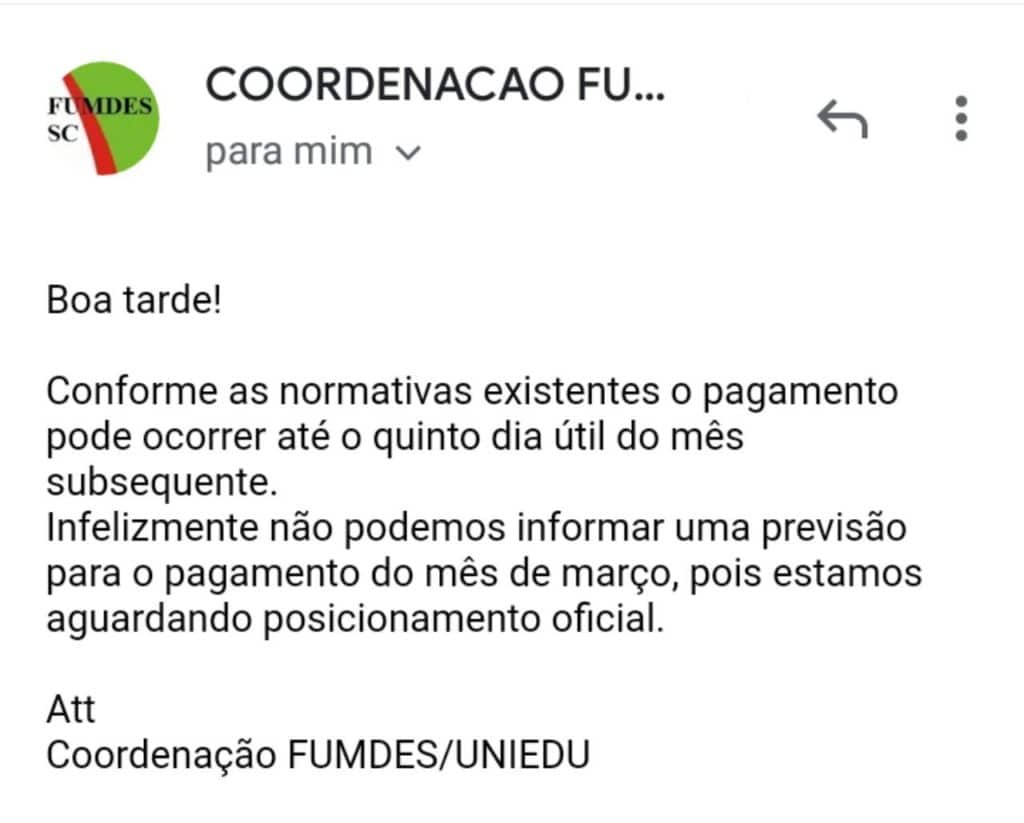 E-mail da coordenação do programa de bolsas da pós-graduação respondendo aos questionamentos quanto a efetivação do pagamento